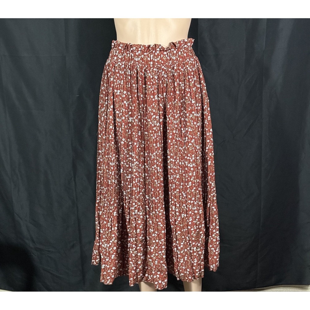 Nagoo Red Rust Pleated Midi Skirt Ditsy Floral Elastic Smocked Waist Large